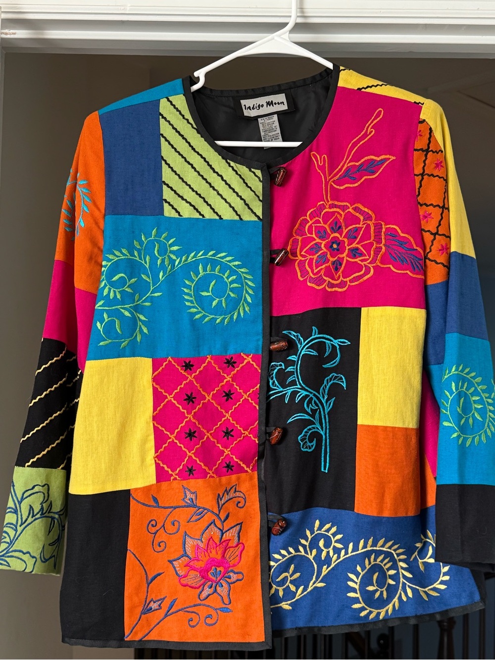 Indigo Colorblock Embroidered Patchwork Jacket in Pink, Blue, Yellow, Orange